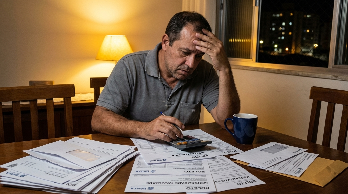 Pai de família brasileiro preocupado organizando boletos e contas na mesa da sala de jantar durante a noite