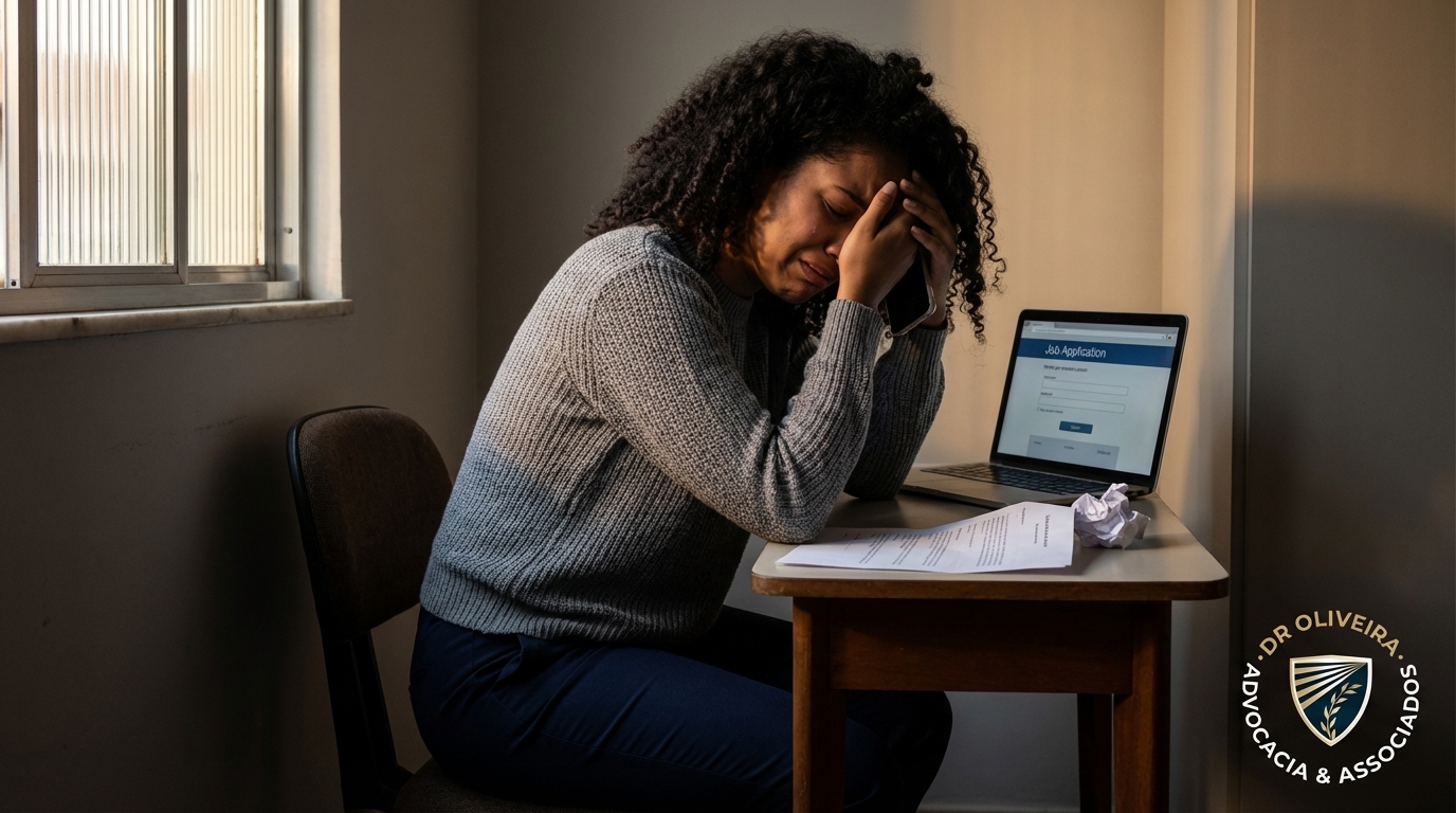 Jovem profissional brasileira chorando ao telefone após perder oportunidade de emprego por falta de diploma universitário