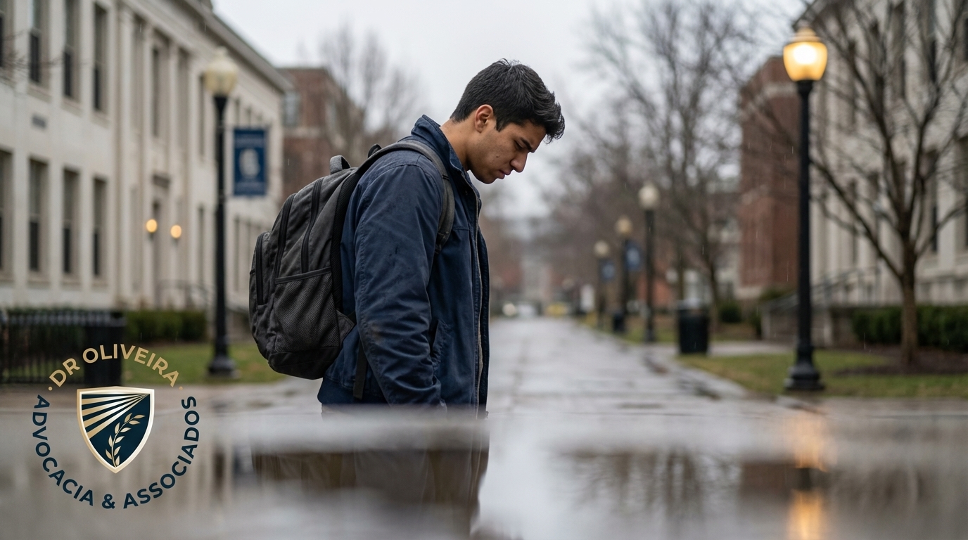 Jovem estudante brasileiro caminhando cabisbaixo pelo campus universitário segurando uma mochila
