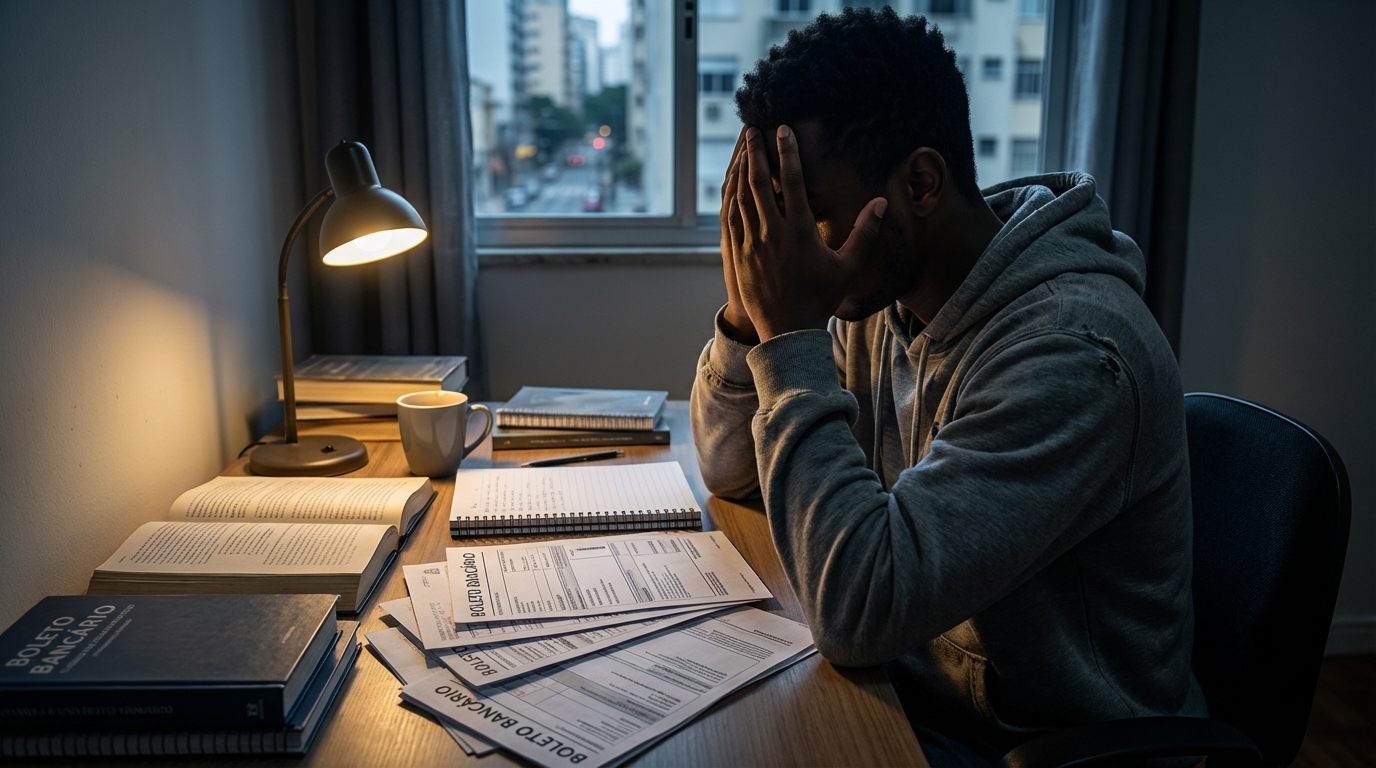 Jovem estudante brasileiro negro com expressão de angústia analisando boletos de mensalidade atrasada faculdade em sua mesa de estudos