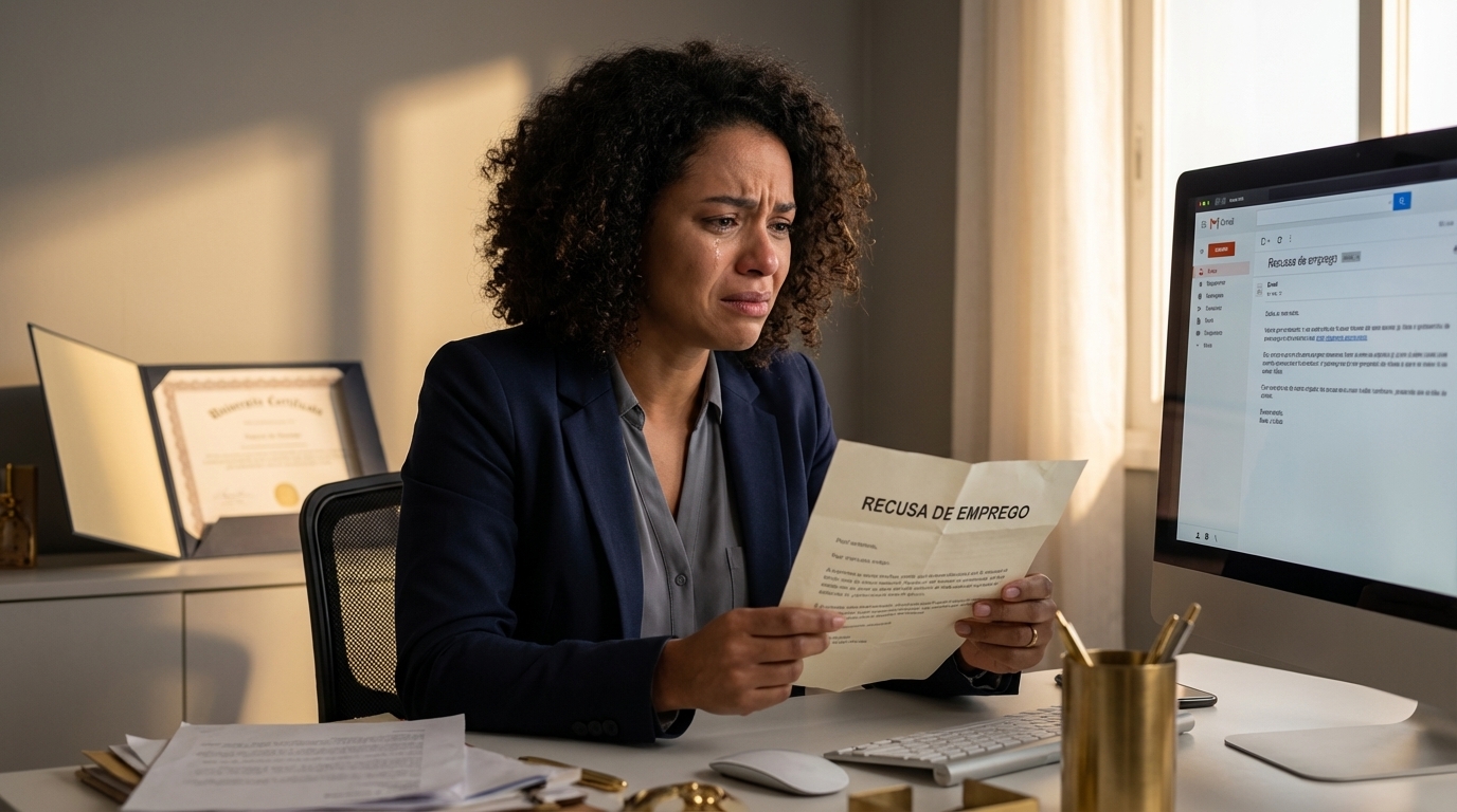 Mulher brasileira em ambiente de escritório segurando carta de recusa de emprego com expressão de frustração profunda diante do computador