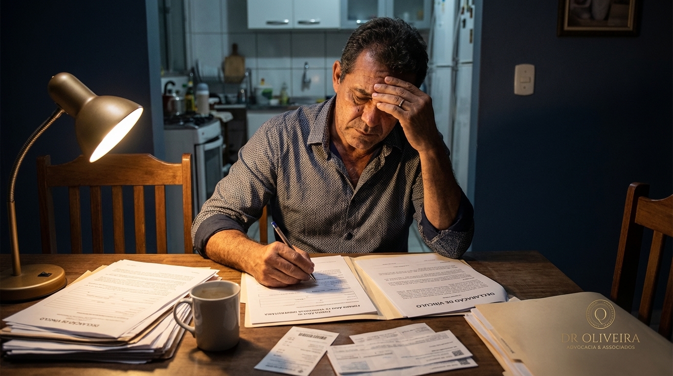 Pai brasileiro trabalhador preenchendo formulários de transferência universitária em mesa de jantar com expressão de exaustão e determinação