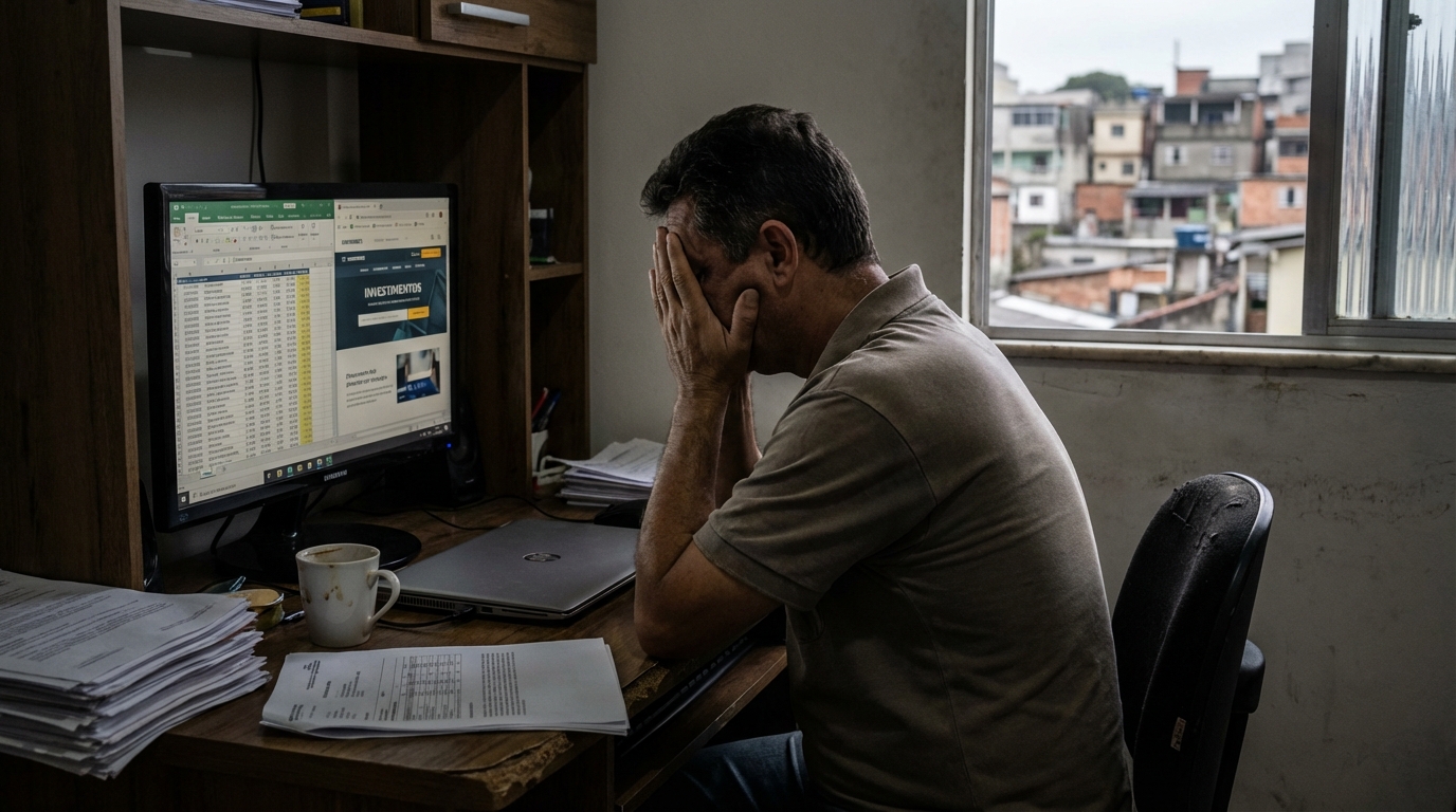 Empresário brasileiro frustrado com as mãos na cabeça olhando para a tela do computador em um pequeno escritório, enfrentando falsas promessas de investimento
