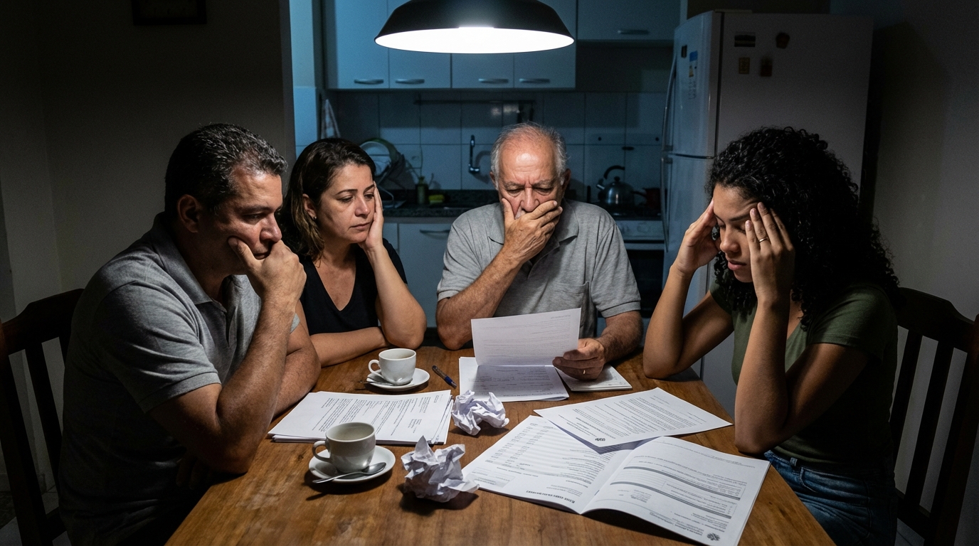 Família brasileira preocupada sentada à mesa de jantar analisando extratos bancários com expressões de profunda angústia após perderem economias em fraude