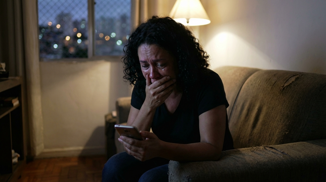 Mulher brasileira em casa segurando o celular e chorando ao perceber que foi vítima de uma fraude financeira, sentindo o impacto na sua vida