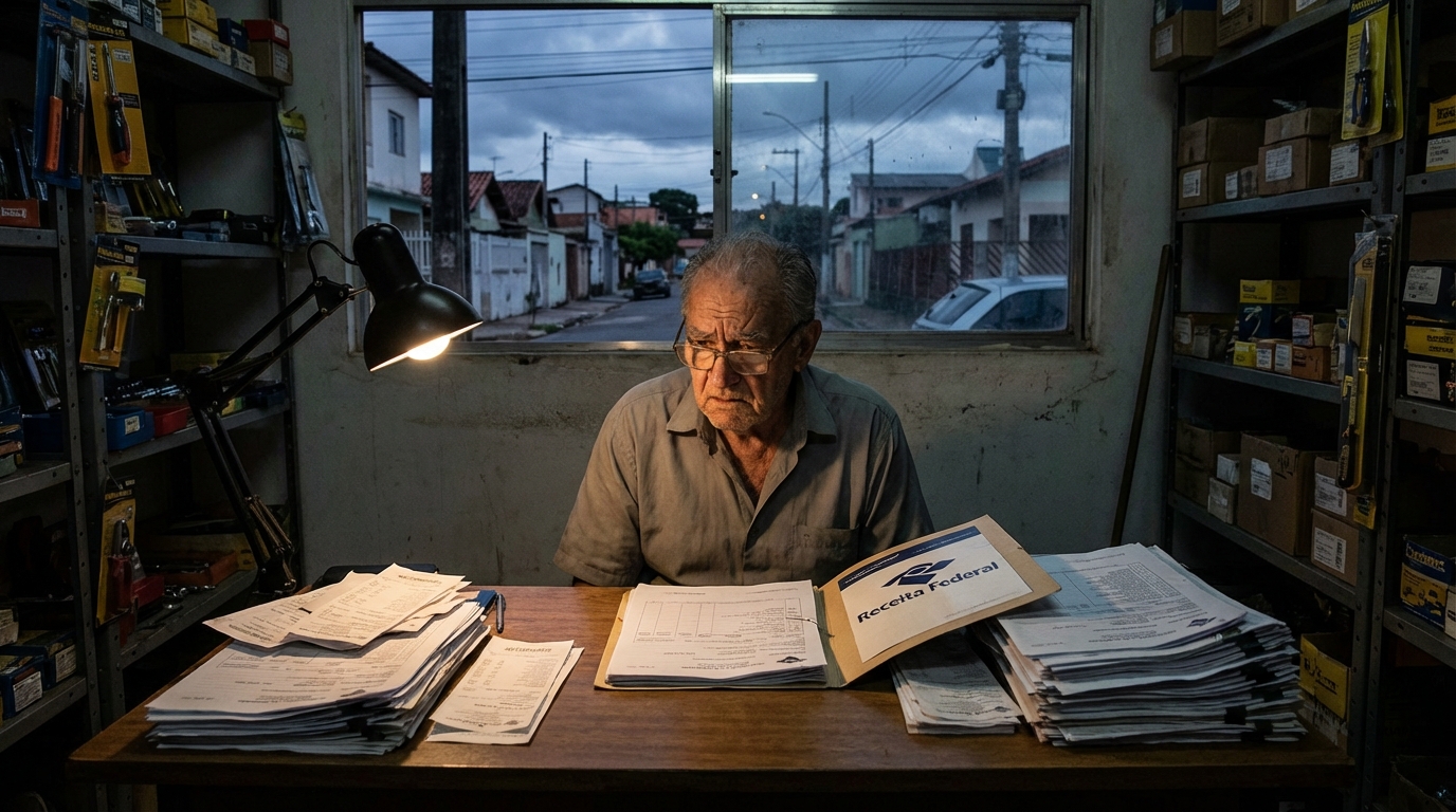 Comerciante brasileiro idoso revisando documentos contábeis em sua loja com semblante muito preocupado com a execução fiscal e perda de lucros