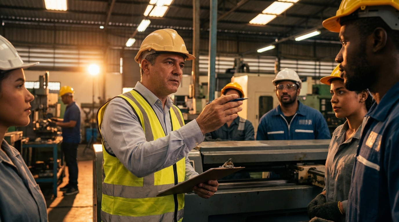 Gestor brasileiro de meia-idade orientando sua equipe com uma prancheta em uma fábrica, demonstrando foco, seriedade e compliance empresarial