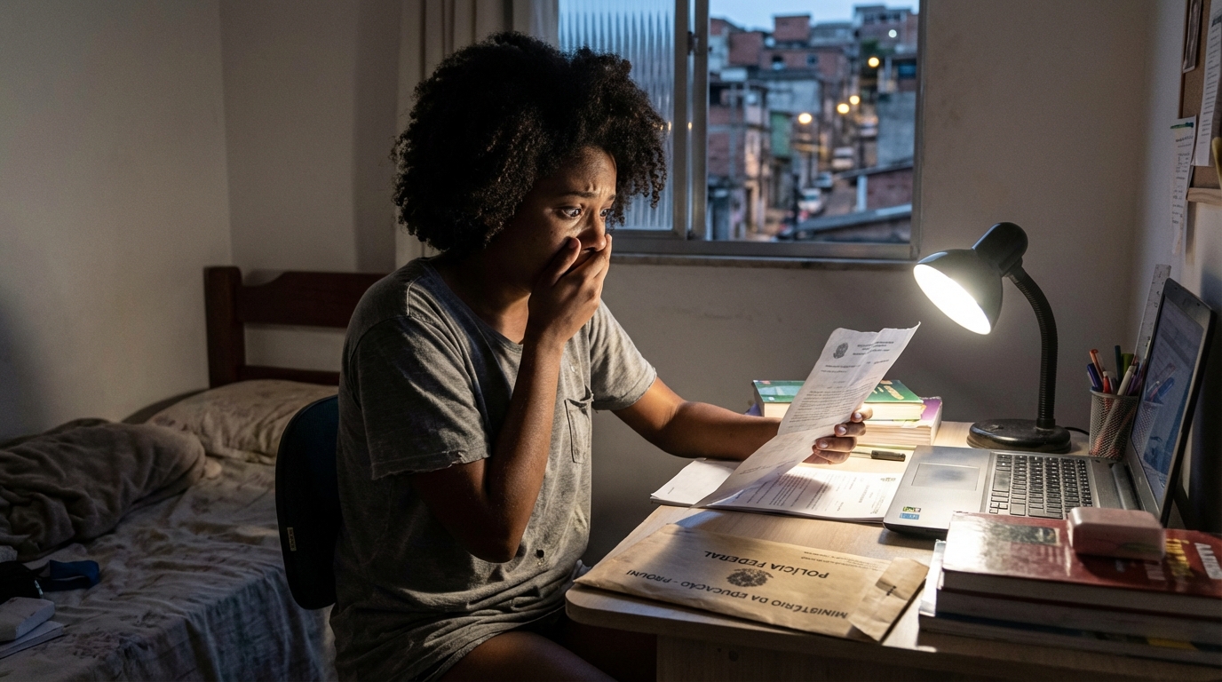 Jovem estudante brasileira negra, com expressão de choque e desespero, lendo um documento oficial em seu quarto modesto - falsidade ideológica PROUNI