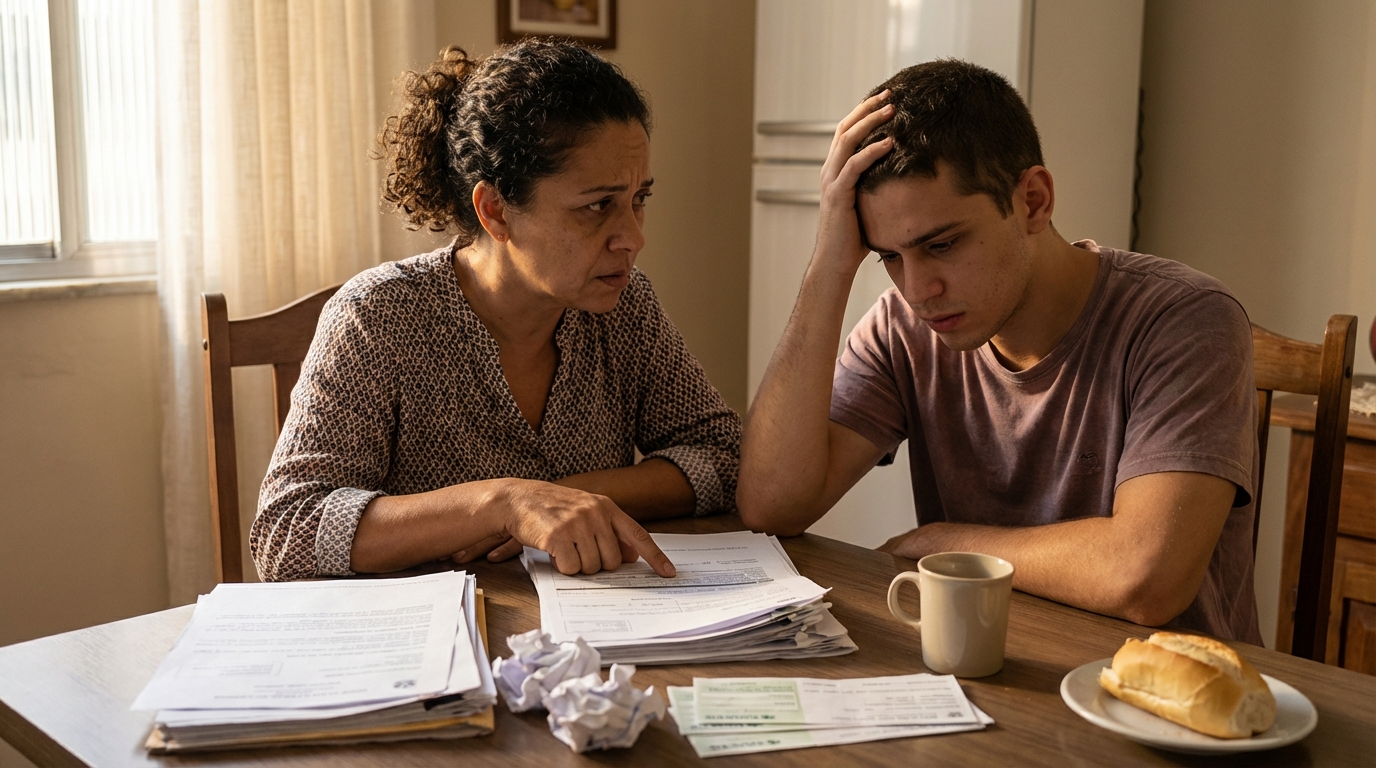 Mãe e filho brasileiros em uma mesa de jantar, visivelmente preocupados e tensos, analisando boletos e papéis da universidade - fraude no FIES crime