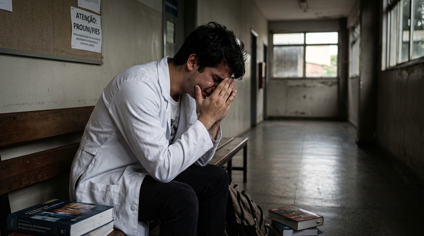 Estudante universitário brasileiro de medicina, exausto e chorando, sentado no corredor de uma faculdade com livros caídos - defesa criminal Polícia Federal
