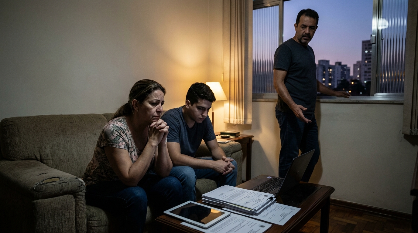 Família brasileira de classe média reunida na sala de estar, conversando seriamente sobre problemas financeiros e estudantis - estelionato contra a União