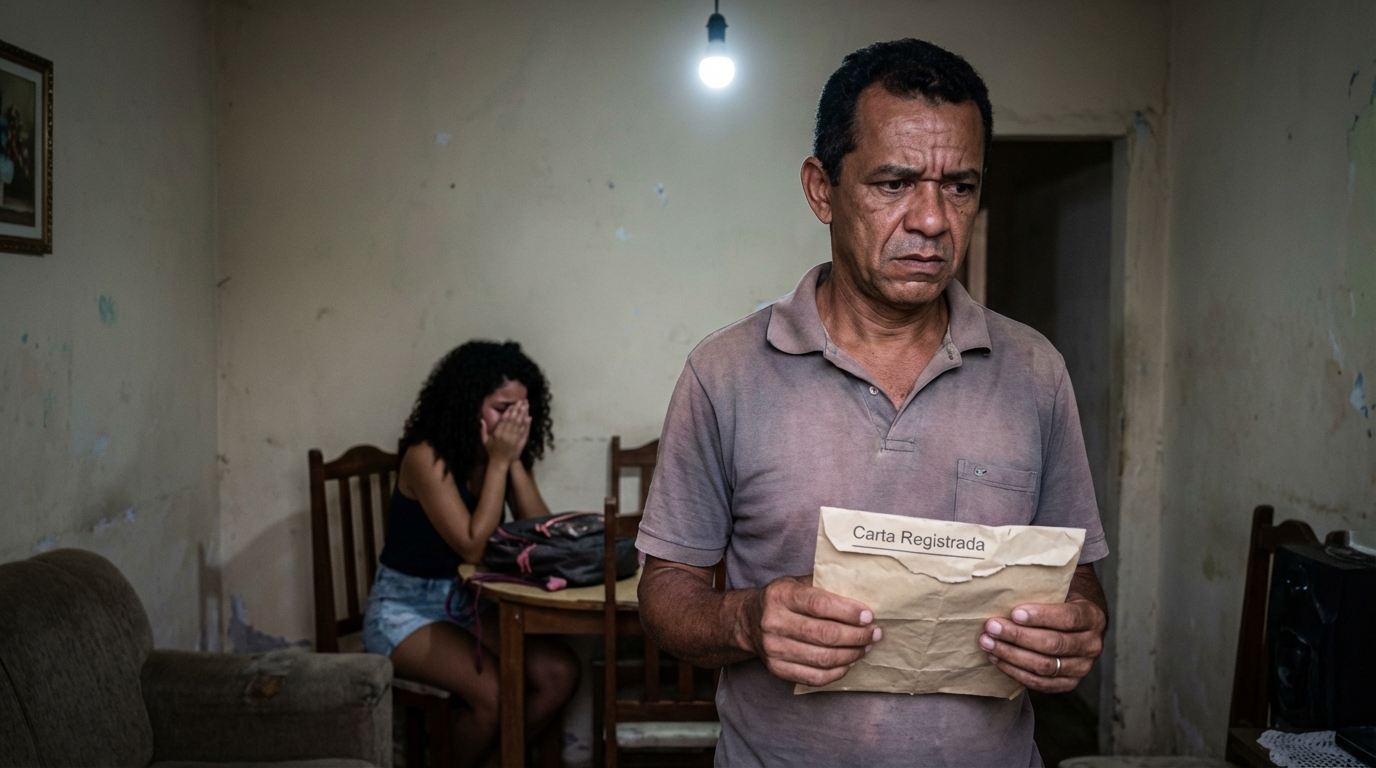 Pai brasileiro pardo, com feição apreensiva, segurando uma carta registrada enquanto sua filha estudante chora ao fundo - advogado criminalista São Paulo