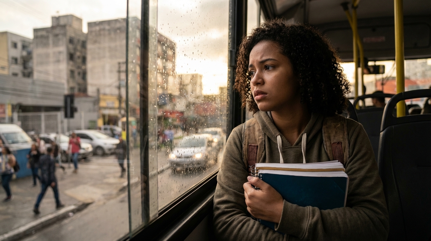 Jovem estudante brasileira segurando livros contra o peito, olhando pela janela do ônibus com olhar reflexivo e preocupado - falsidade ideológica PROUNI