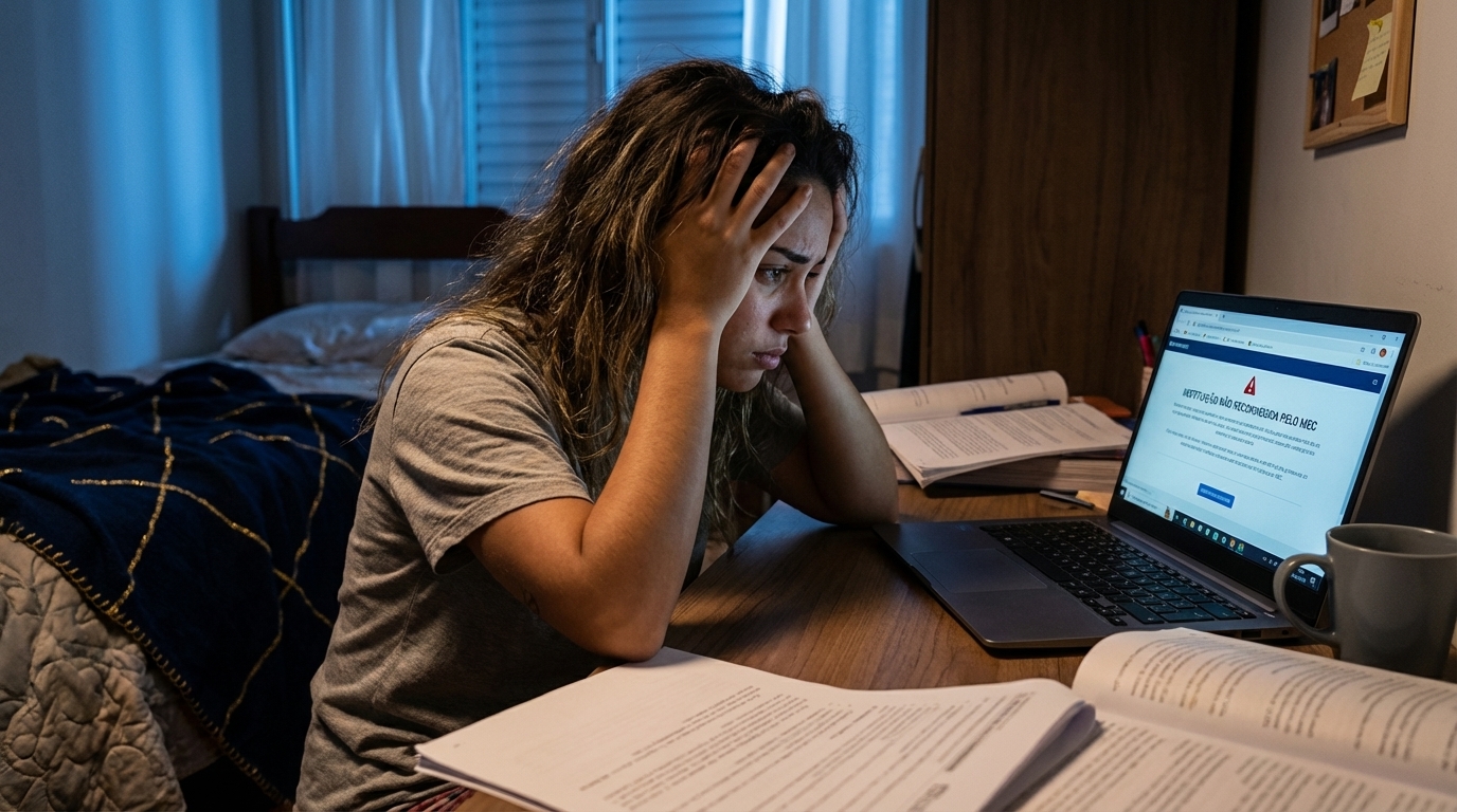 Jovem estudante brasileira com expressão de desespero segurando a cabeça enquanto olha para a tela do notebook em seu quarto escuro - falso reconhecimento do MEC