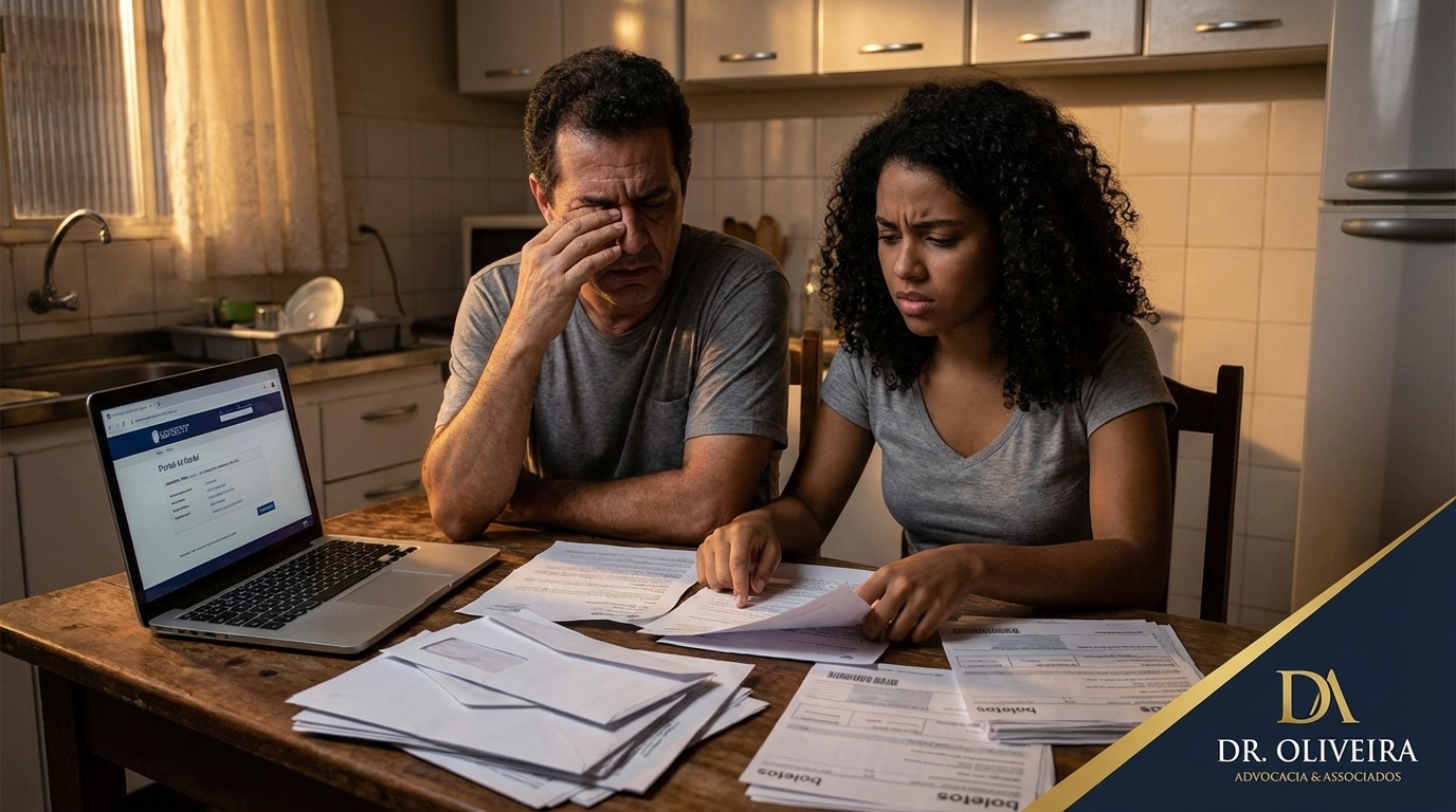 Pai e filha brasileiros sentados na mesa da cozinha analisando boletos e contratos educacionais com expressões de muita preocupação - estelionato educacional