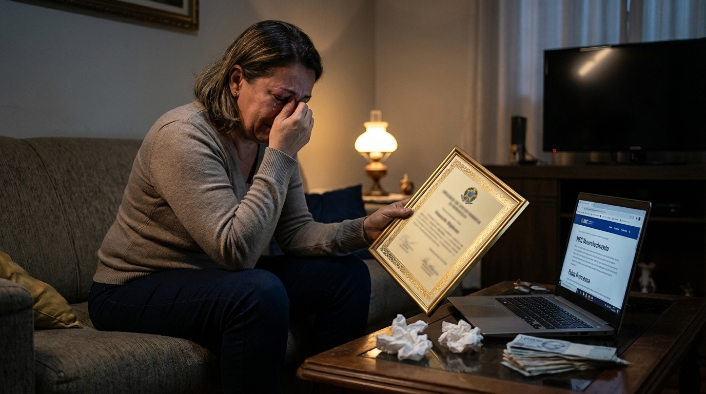 Mulher brasileira trabalhadora em sua sala de estar modesta segurando um diploma de papel enquanto chora, sentindo-se traída após descobrir fraude