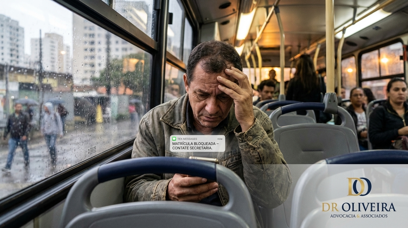 Homem brasileiro no transporte público com expressão de ansiedade olhando mensagens no celular sobre bloqueio de matrícula universitária