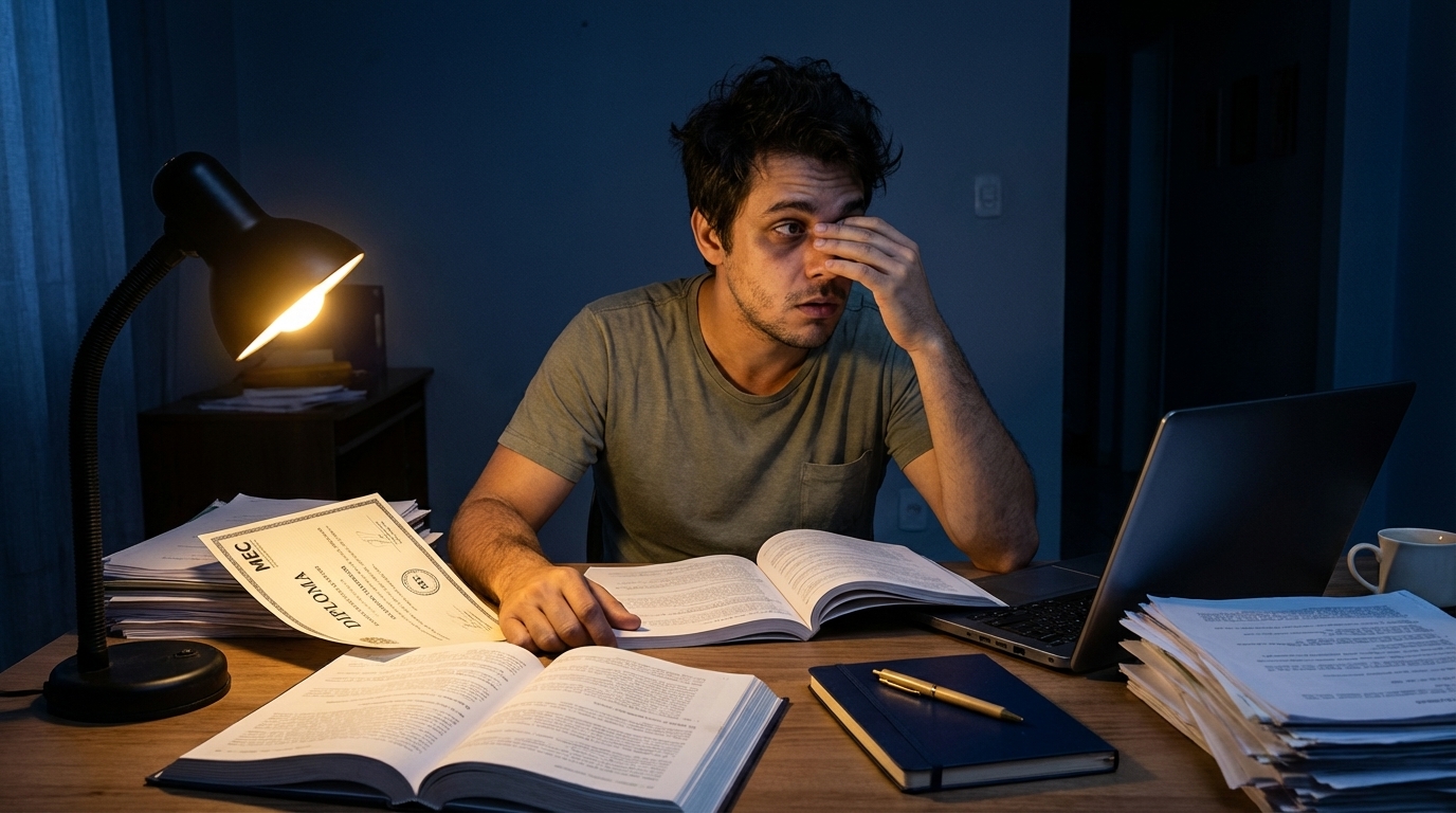 Cidadão brasileiro exausto estudando de madrugada cercado por papéis e livros em sua pequena mesa de casa, preocupado com o futuro