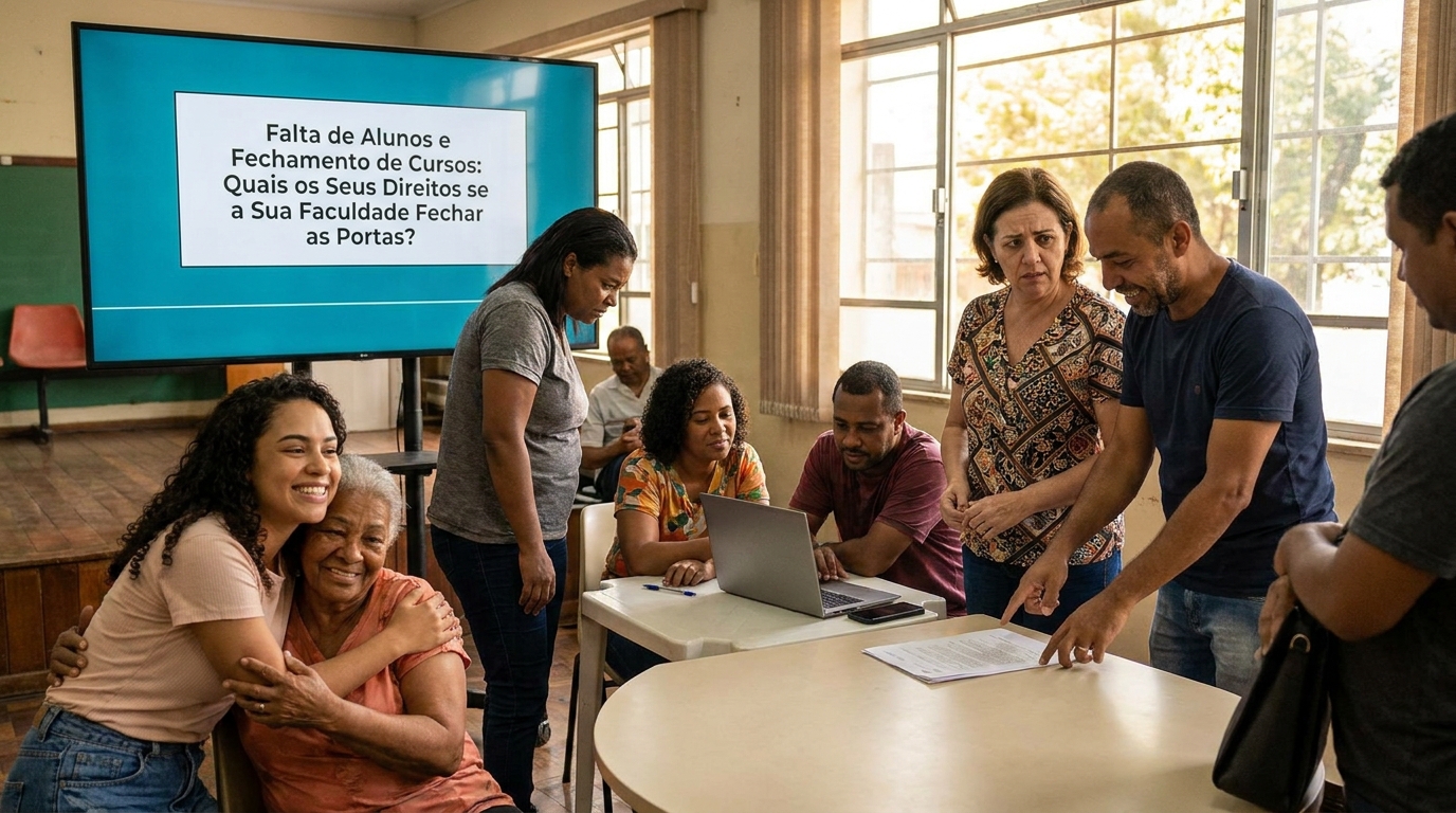 Dr. Oliveira, renomado advogado especialista em direito educacional, em escritório moderno e luxuoso com fundo azul gradiente - Falta de Alunos e Fechamento de Cursos: Quais os Seus Direitos se a Sua Faculdade Fechar as Portas?