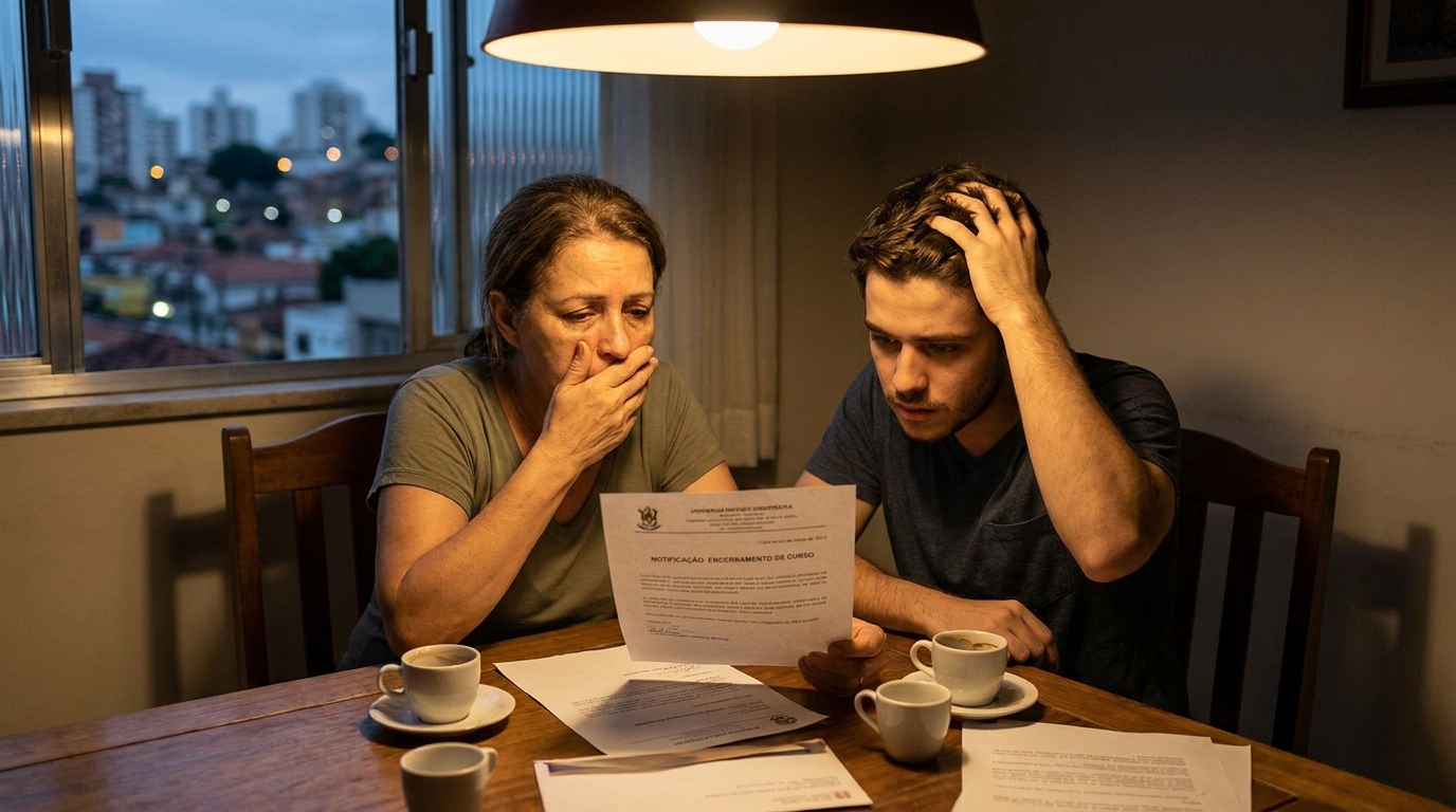 Mãe e filho brasileiros preocupados lendo uma carta de notificação da faculdade na mesa da sala de jantar sobre o fechamento de curso faculdade