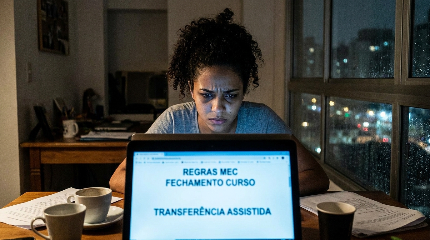 Jovem estudante brasileira com expressão de desespero e ansiedade olhando para a tela do notebook tarde da noite buscando regras do MEC para fechamento de curso