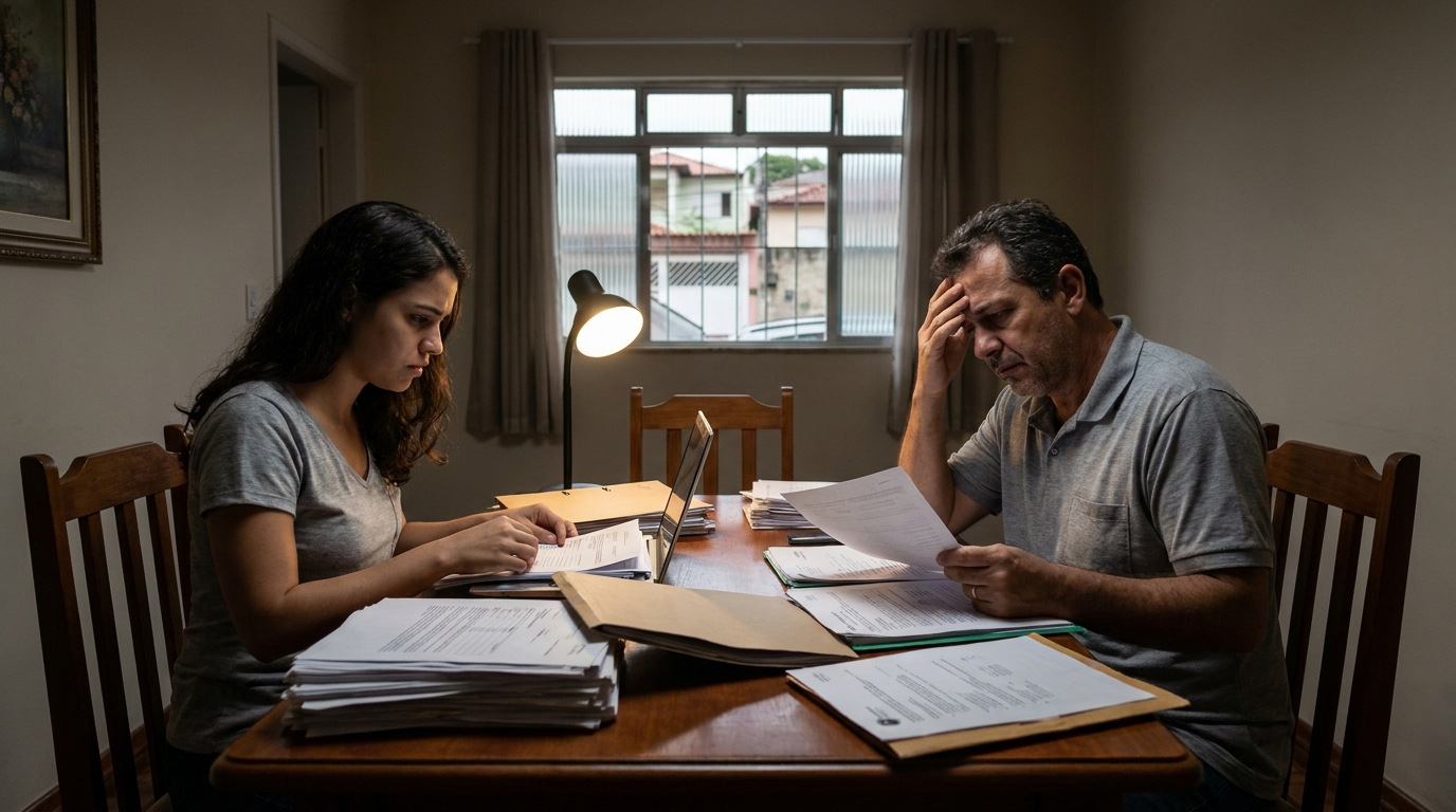 Pai e filha brasileiros angustiados organizando pastas de documentos escolares na mesa da sala tentando resolver o problema porque a faculdade faliu o que fazer