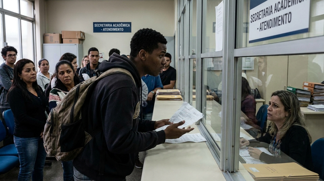 Estudante universitário negro em uma secretaria de faculdade discutindo com o atendente exigindo seus direitos do estudante universitário e liberação de documentos