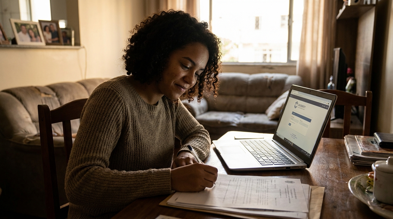 Jovem brasileira parda com expressão de alívio e determinação assinando papéis de transferência entre instituições MEC em sua casa com um notebook aberto