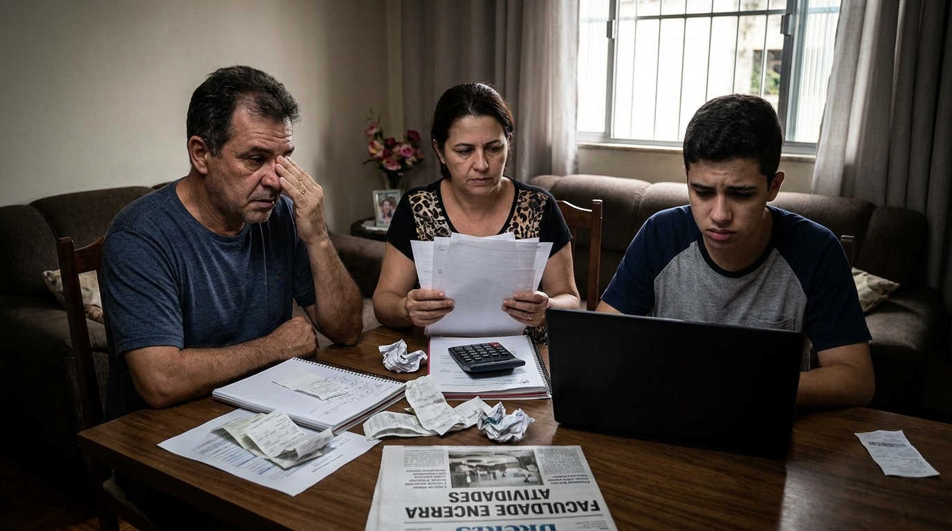 Família brasileira em reunião tensa na sala de estar calculando prejuízos financeiros após descobrir que a faculdade faliu