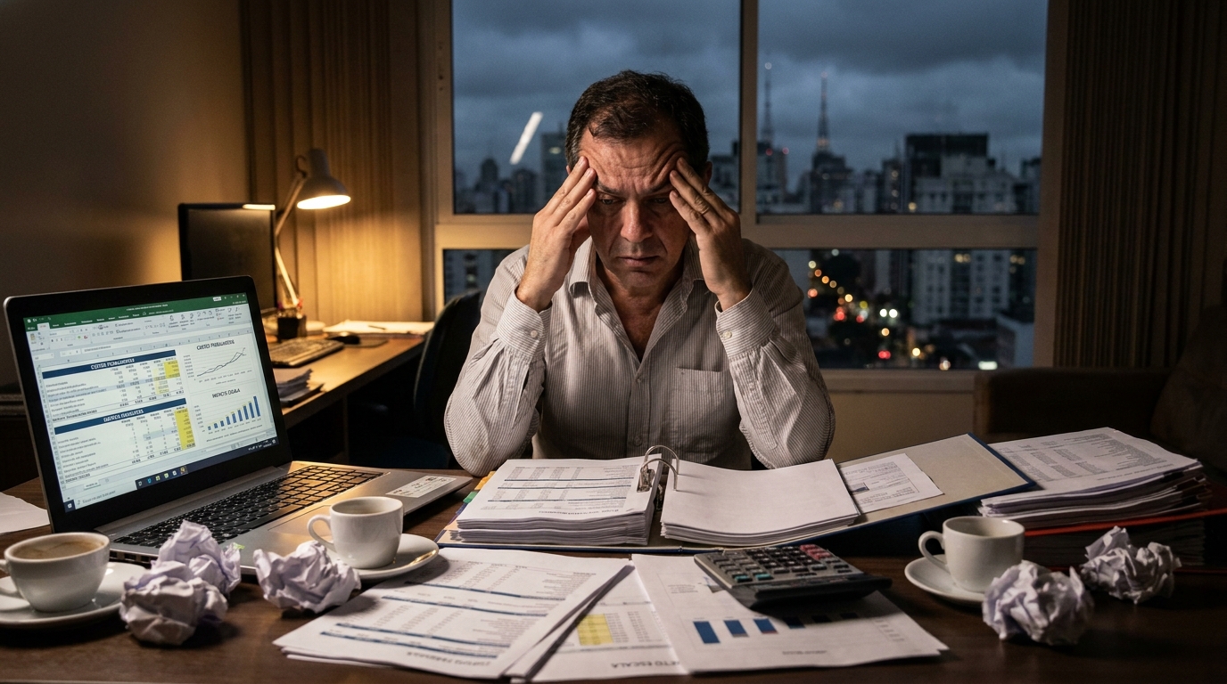 Empresário brasileiro preocupado analisando planilhas financeiras de impactos tributários escala 6x1 tarde da noite em seu escritório