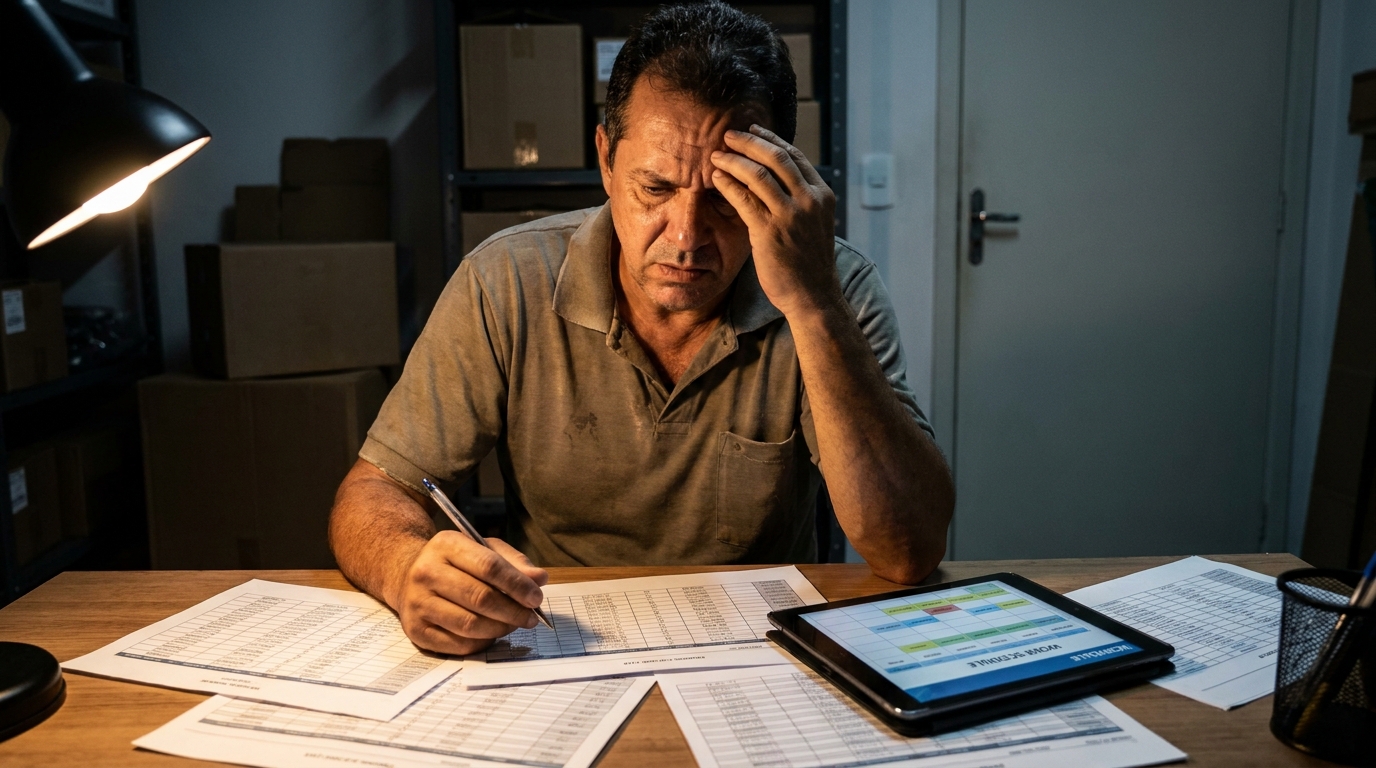 Gerente de loja de varejo brasileira com expressão tensa revisando escalas de funcionários após impactos tributários escala 6x1