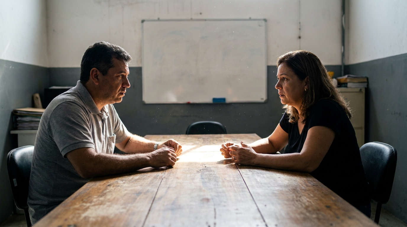 Sócios de uma indústria brasileira debatendo seriamente planejamento tributário em uma sala de reuniões simples