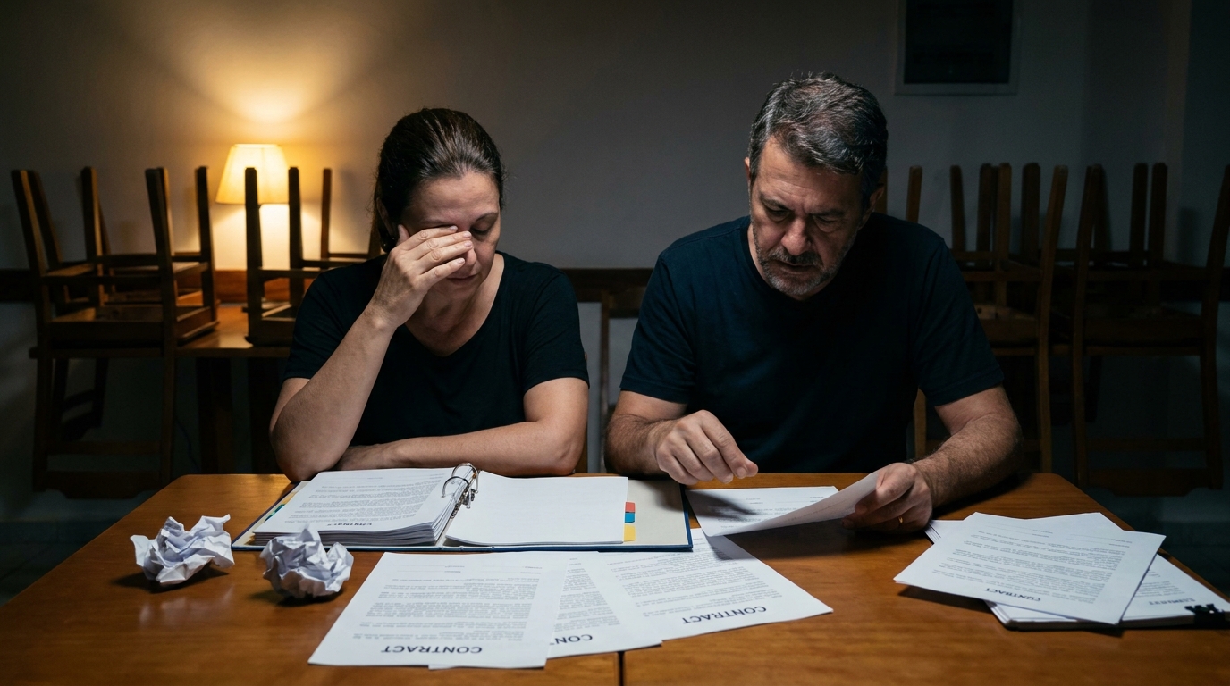 Donos de restaurante brasileiros exaustos revisando contratos de direito empresarial e societário após o fechamento do estabelecimento