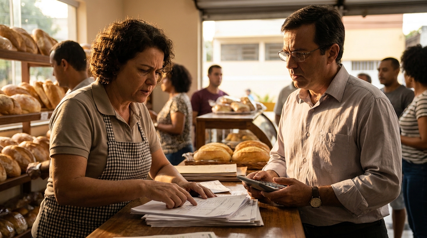 Dona de padaria brasileira conversando preocupada com seu contador sobre encargos trabalhistas e compliance fiscal