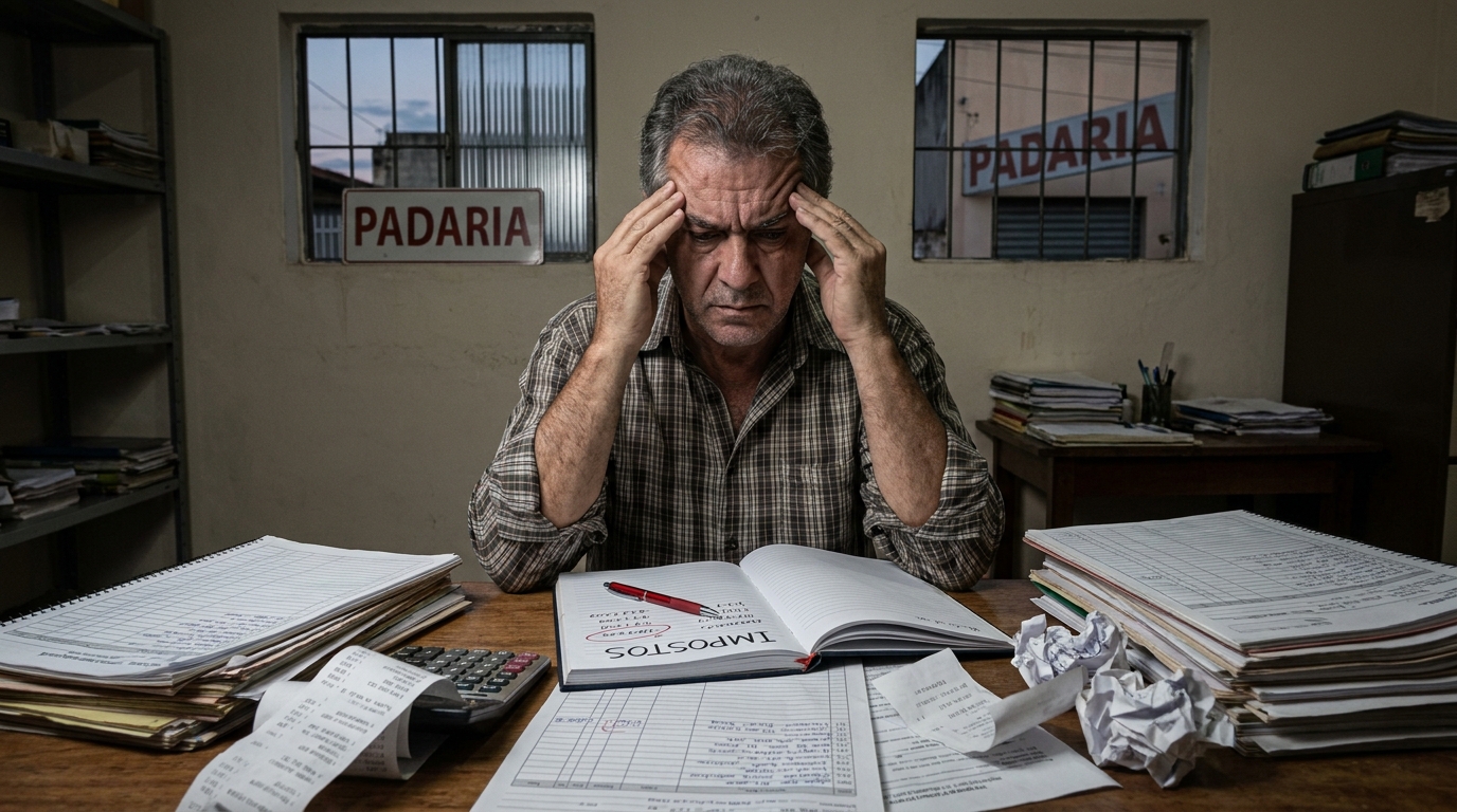 Dono de padaria brasileiro de meia idade com expressão de extrema preocupação calculando custos trabalhistas em uma mesa cheia de papéis