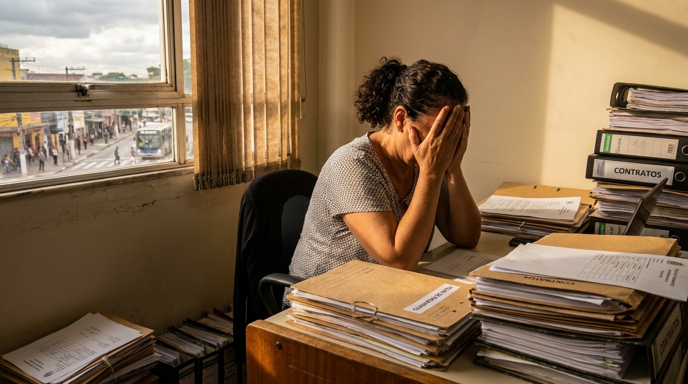 Gerente de recursos humanos brasileira em um escritório modesto segurando a cabeça em frustração enquanto olha para pilhas de pastas de funcionários