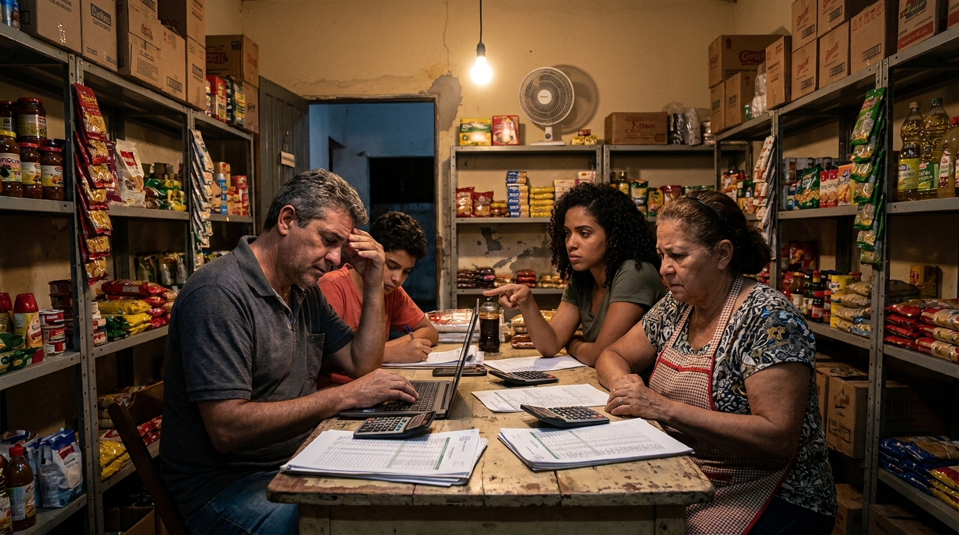 Família brasileira proprietária de um pequeno supermercado analisando planilhas financeiras com expressões tensas em meio às prateleiras