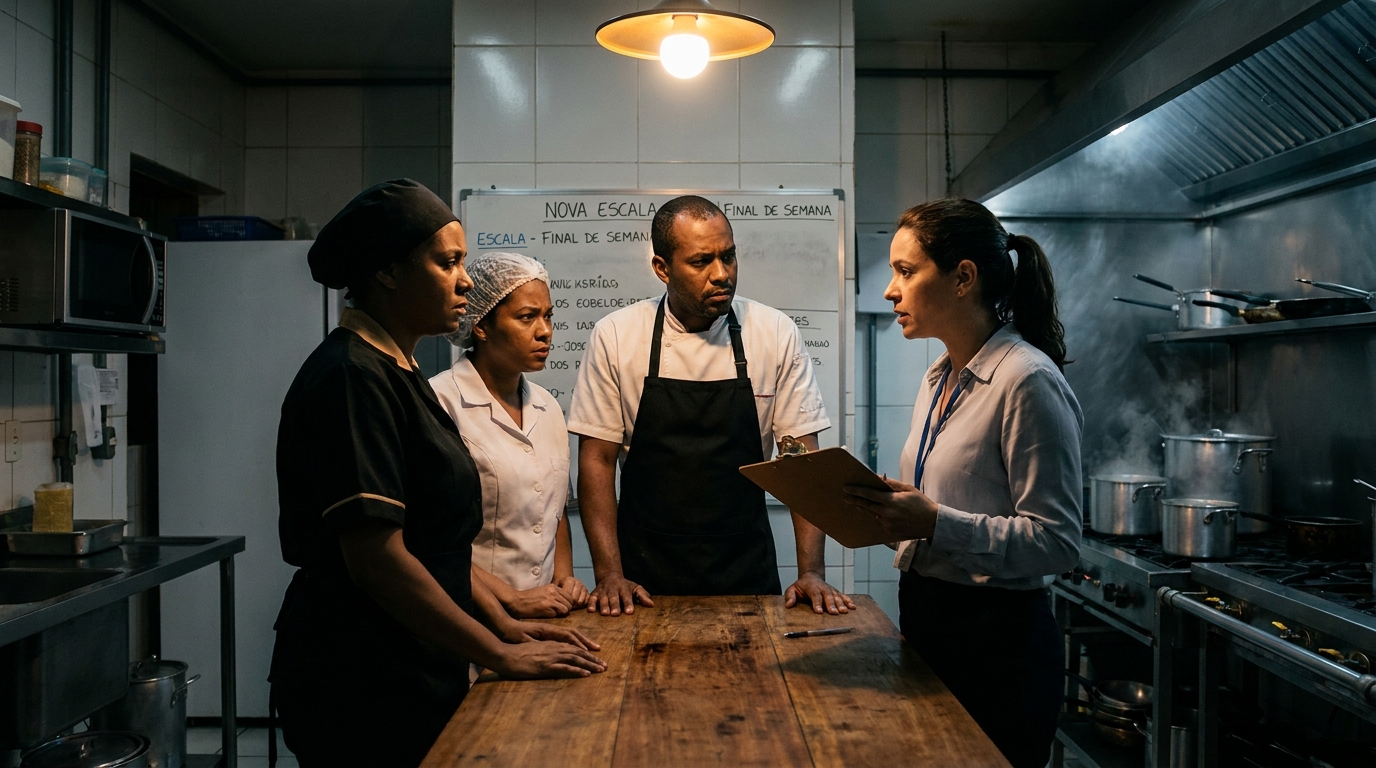 Trabalhadores brasileiros de um restaurante comercial conversando seriamente com a gerente sobre as novas escalas de turno em um ambiente realista