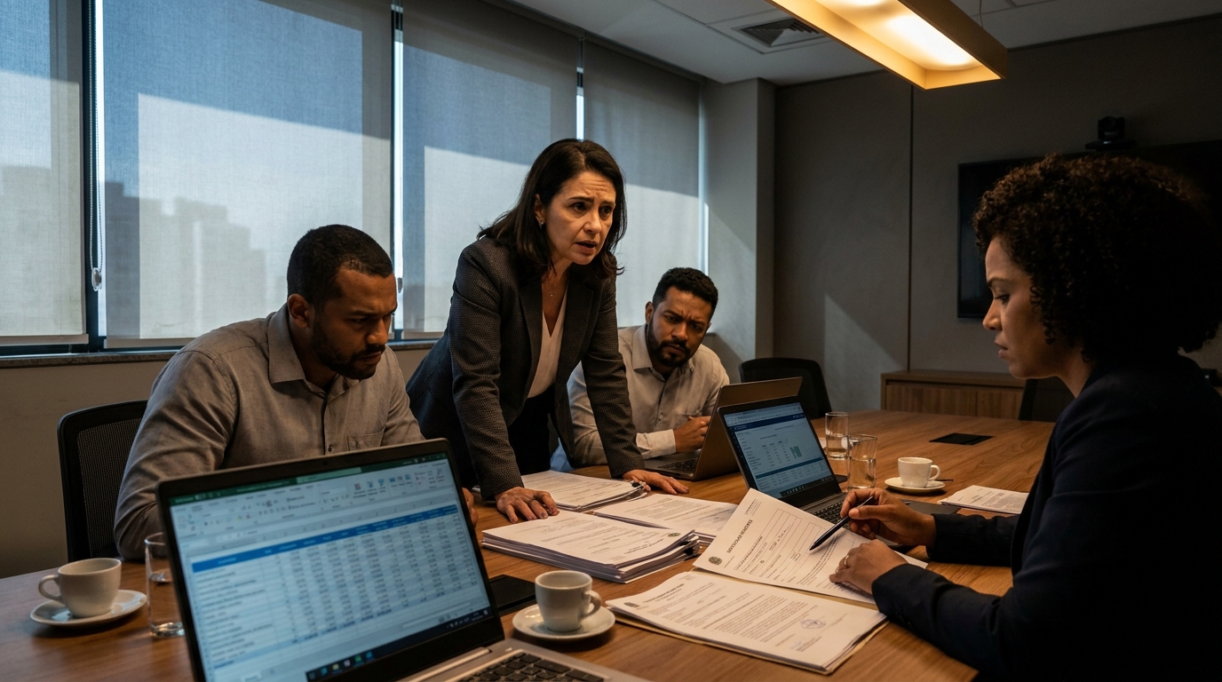Empresária brasileira apreensiva em reunião com sua equipe de contabilidade analisando notificações do governo em uma sala de reuniões comercial
