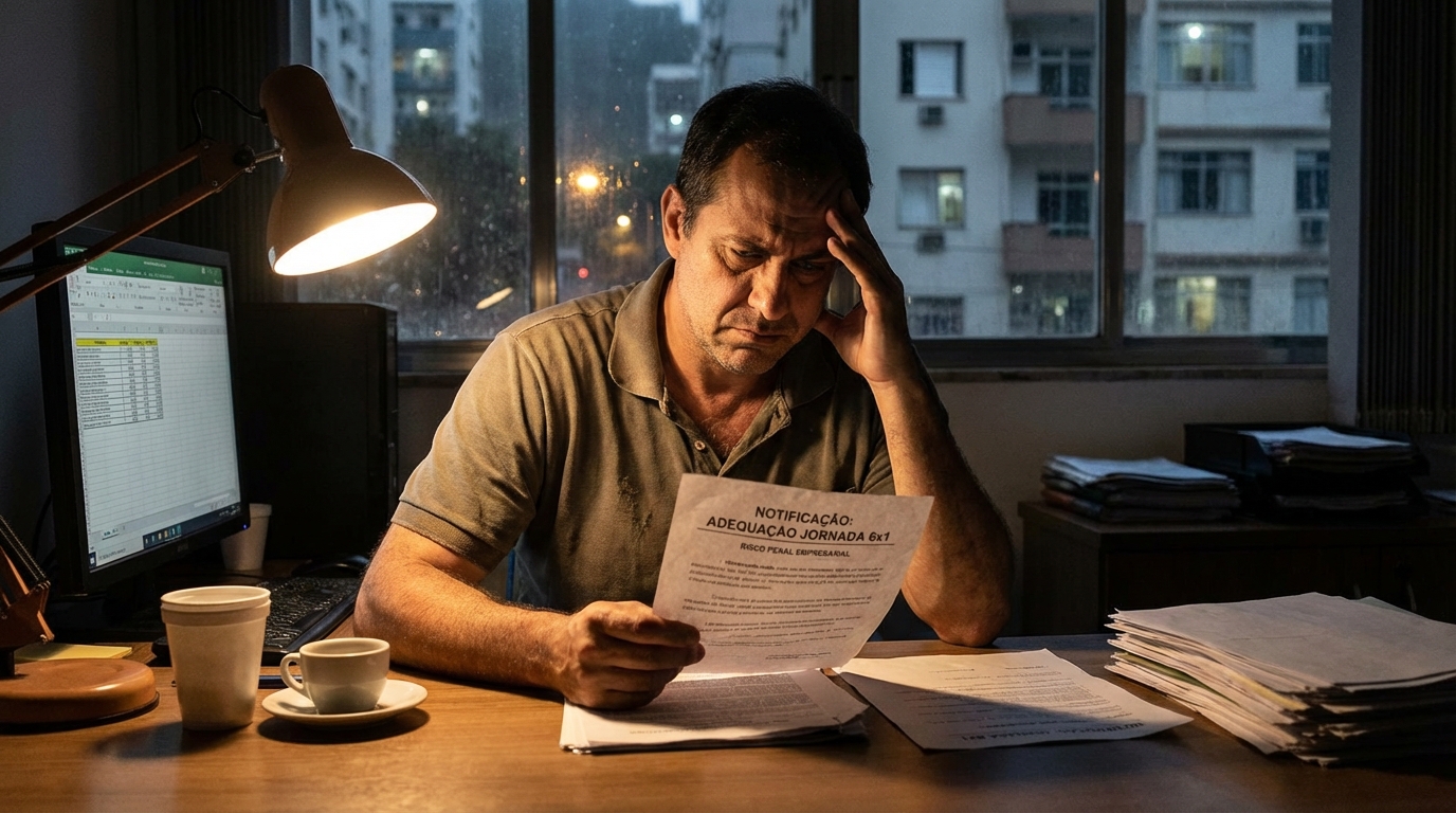 Empresário brasileiro em escritório com expressão de profunda preocupação analisando notificação de risco empresarial sobre o fim da escala 6x1