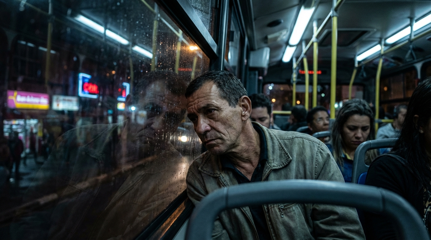 Trabalhador brasileiro exausto no transporte público à noite refletindo sobre os impactos do excesso de jornada e crimes empresariais
