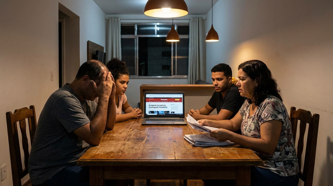 Família brasileira preocupada na mesa de jantar discutindo o bloqueio de bens após investigação de direito penal econômico