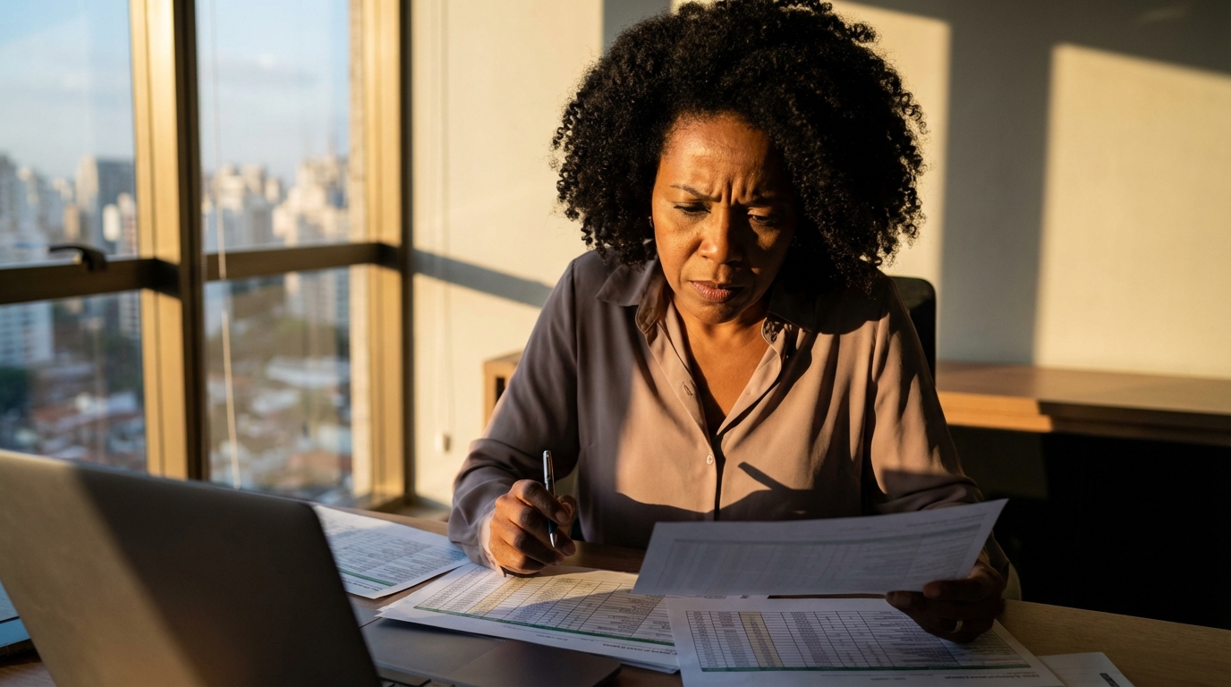 Gestora de RH brasileira negra analisando planilhas de compliance corporativo com expressão atenta em escritório iluminado