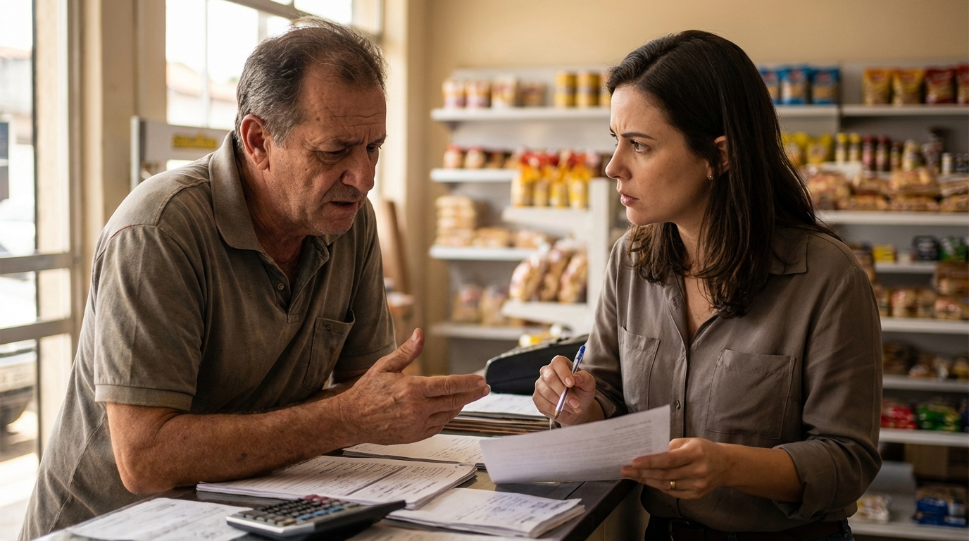 Pequeno empresário brasileiro em sua loja conversando seriamente com contador sobre adequação trabalhista e risco empresarial