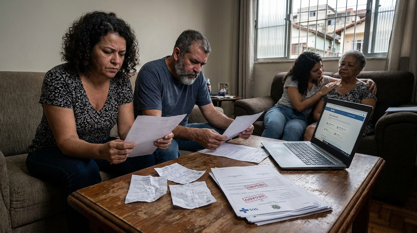 Família brasileira preocupada na sala de estar analisando receitas médicas e negativas do SUS para medicamentos de alto custo com expressões de angústia