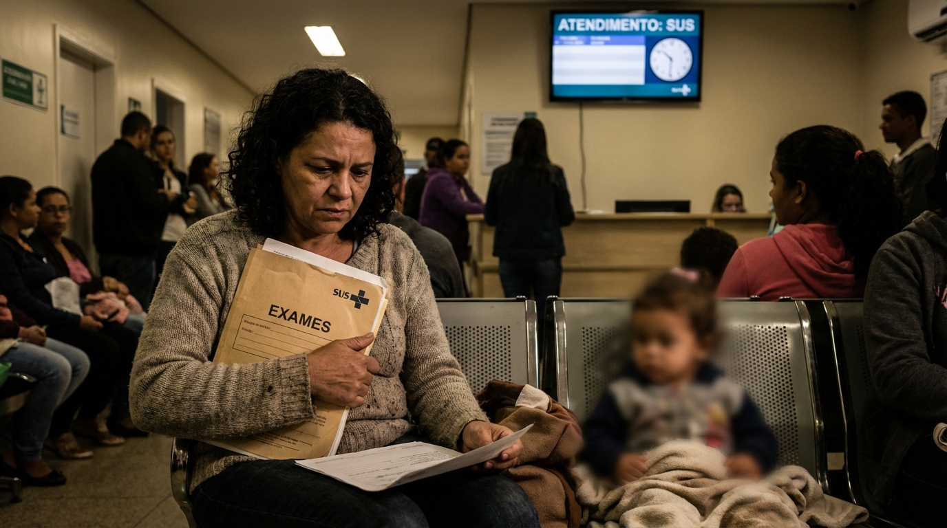 Mãe brasileira angustiada segurando exames médicos do filho em um corredor de hospital público aguardando atendimento para doença rara