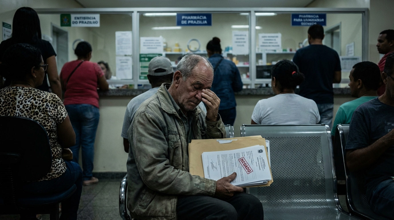 Idoso brasileiro com expressão de cansaço em frente a um balcão de farmácia de alto custo segurando uma pasta de documentos negados