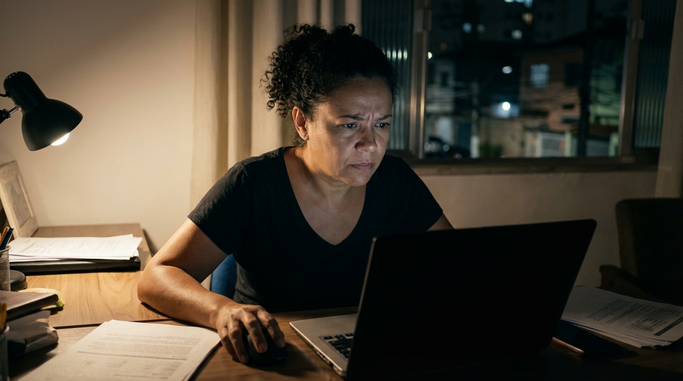 Mulher brasileira trabalhadora em casa à noite pesquisando soluções para o tratamento médico do pai no computador com expressão focada e determinada