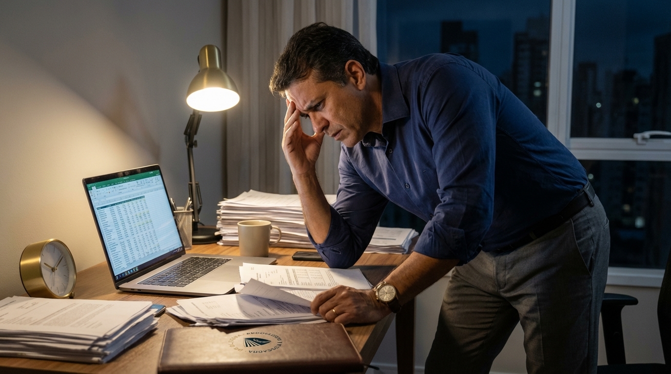Executivo brasileiro preocupado analisando documentos fiscais no escritório à noite - foro privilegiado