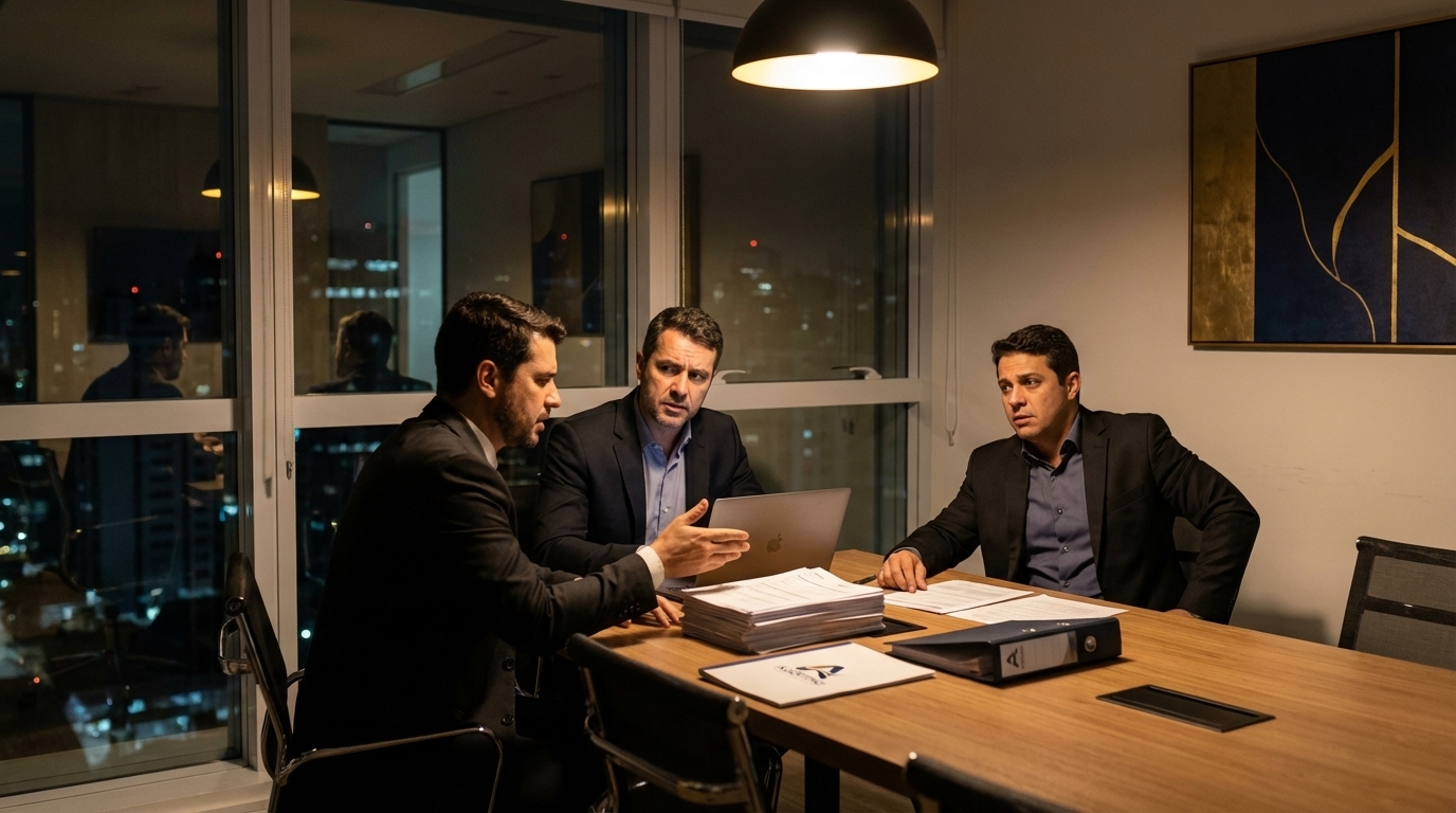 Empresários brasileiros tensos discutindo contratos em uma sala de reuniões durante auditoria de crimes empresariais
